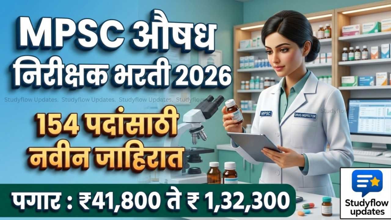 MPSC Drug Inspector Recruitment 2026 : MPSC औषध निरीक्षक भरती २०२६ | १५४ पदांसाठी नवीन जाहिरात, पात्रता आणि पगार |