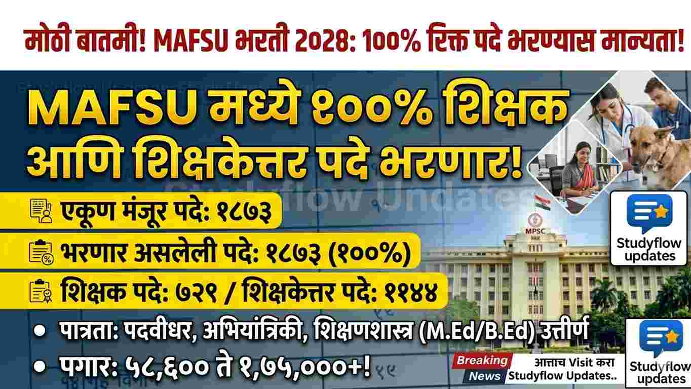 MAFSU Recruitment 2026 : महाराष्ट्र पशु व मत्स्य विज्ञान विद्यापीठात १००% रिक्त पदे भरण्यास मान्यता