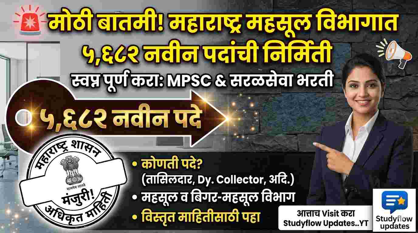 MPSC Revenue Department Jobs Update : महाराष्ट्र महसूल विभागात ५६८२ वाढीव पदांची निर्मिती: स्पर्धा परीक्षा देणाऱ्या विद्यार्थ्यांसाठी सुवर्णसंधी !