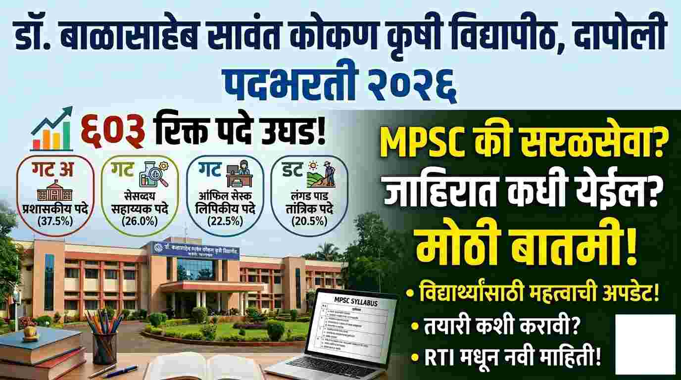 DBSKKV Recruitment 2026 : डॉ. बाळासाहेब सावंत कोकण कृषी विद्यापीठ (DBSKKV) पदभरती 2026: RTI मधून 603 रिक्त पदांची माहिती उघड !
