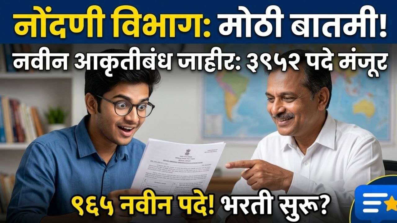 Registration & Stamp Department Bharti Update : नोंदणी व मुद्रांक विभागाचा नवीन आकृतीबंध जाहीर: तब्बल ३९५२ पदांना मंजुरी! विद्यार्थ्यांसाठी मोठी संधी?