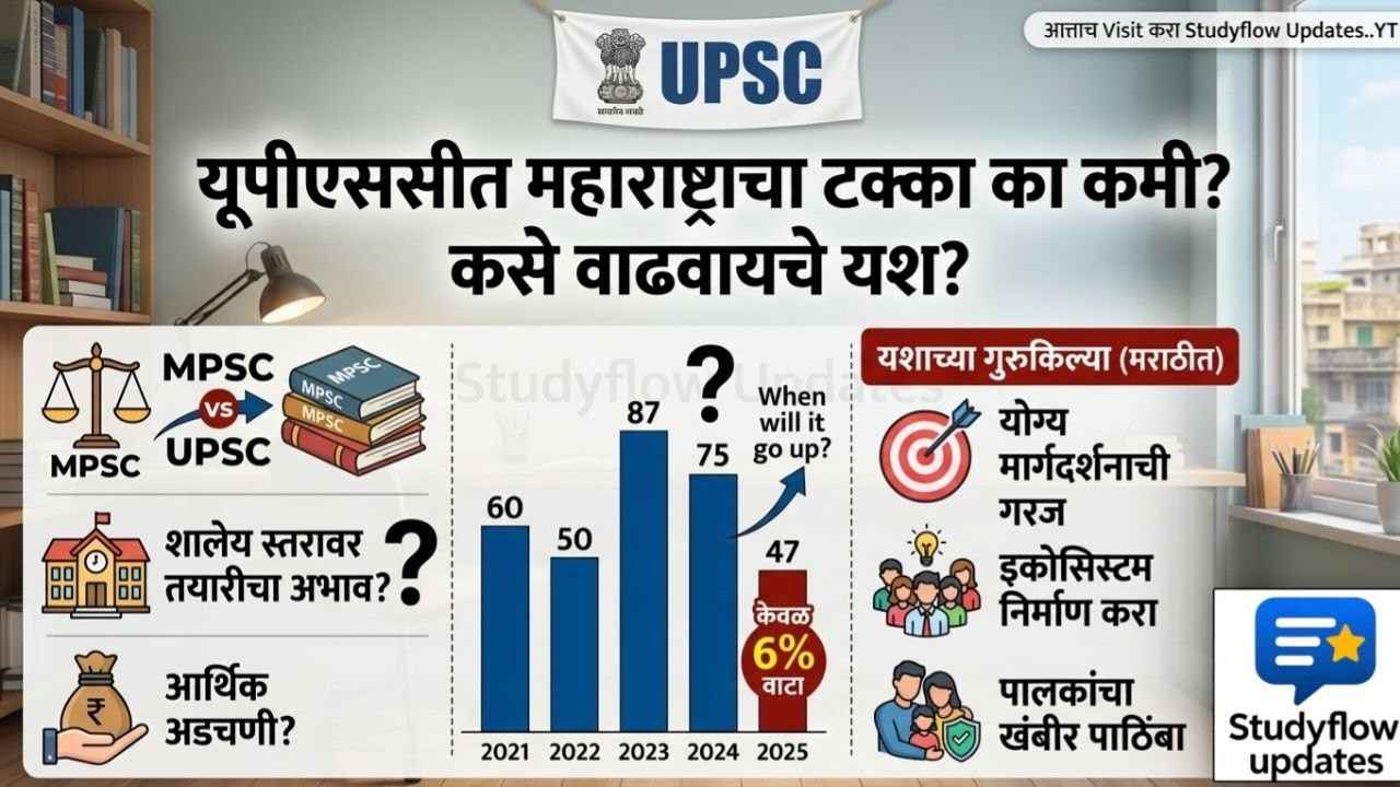 UPSC Result Maharashtra Analysis : यूपीएससी'त महाराष्ट्राचा टक्का वाढणार कधी? नागरी सेवा परीक्षेत राज्याचा वाटा केवळ ६ टक्क्यांपर्यंतच मर्यादित | कारणे आणि उपाय | Studyflow Updates