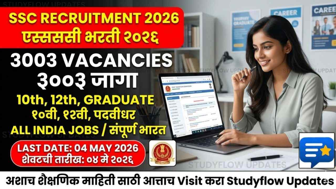 SSC Recruitment 2026 Update : SSC भरती 2026: कर्मचारी चयन आयोग (SSC) मार्फत 3003 जागांसाठी मेगा भरती! 10वी, 12वी आणि पदवीधरांसाठी सरकारी नोकरीची सुवर्णसंधी