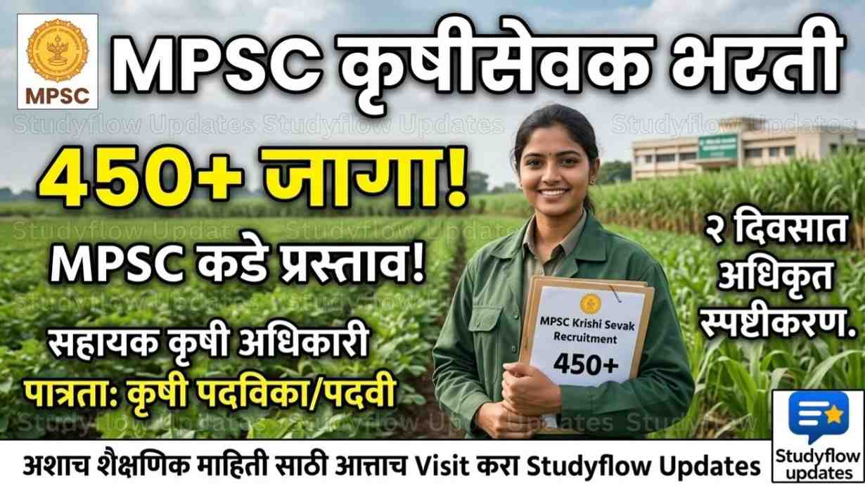 MPSC Krishi Sevak Bharti 2026 : कृषीसेवक (सहायक कृषी अधिकारी) 450+ जागांसाठी मोठी अपडेट! MPSC कृषीसेवक भरती: 450+ जागांसाठी मोठी बातमी! जाणून घ्या सविस्तर माहिती