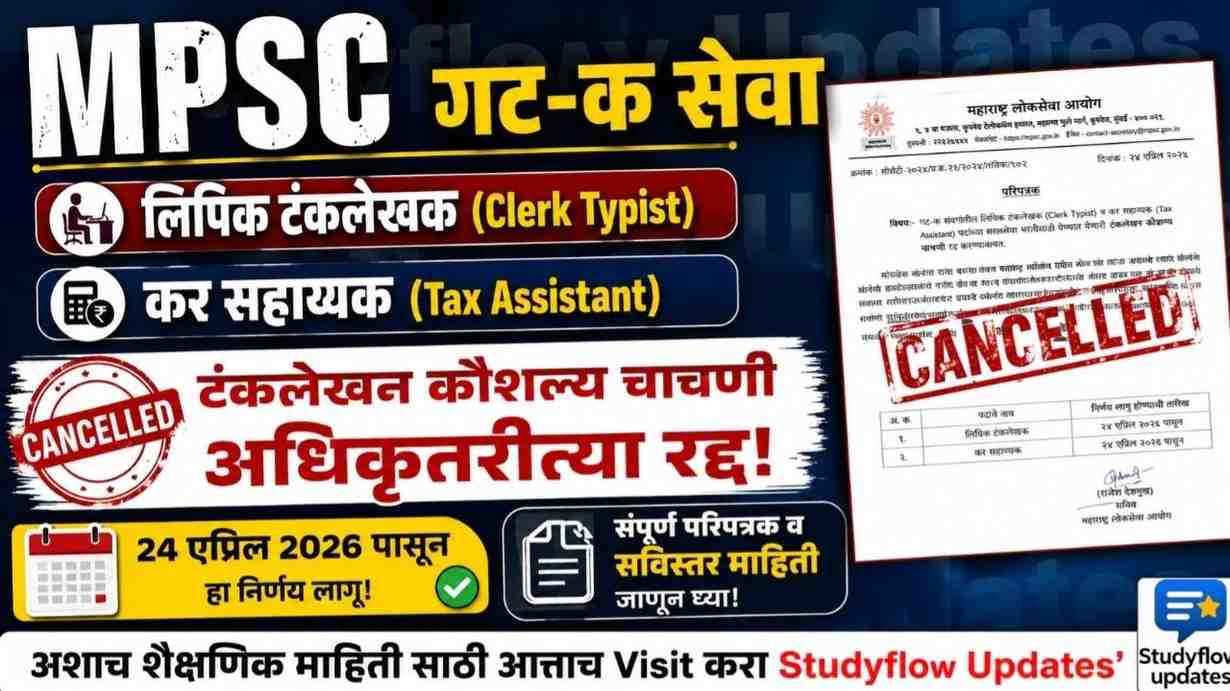 MPSC Group C Update 2026 : MPSC गट-क सेवा: लिपिक टंकलेखक व कर सहायक टंकलेखन कौशल्य चाचणी रद्द!