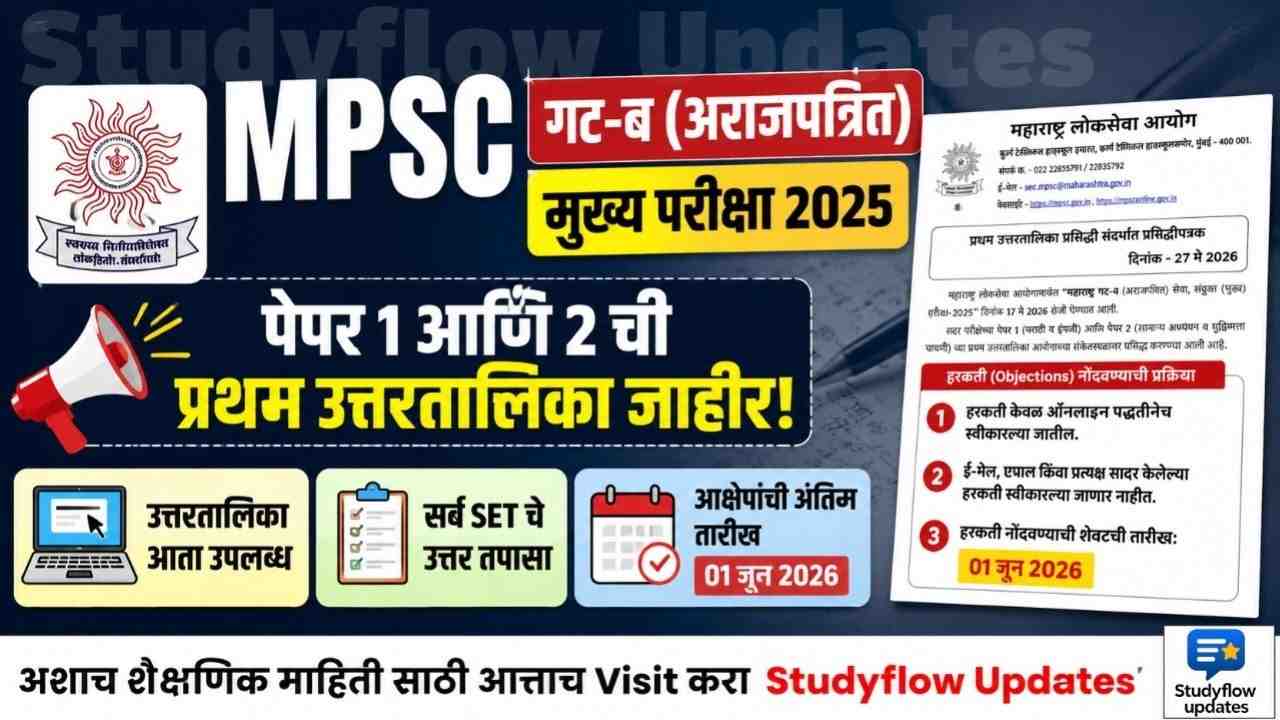 MPSC Group B Mains 2025 First Answer Key Released : MPSC गट-ब (अराजपत्रित) मुख्य परीक्षा 2025: पेपर 1 आणि 2 ची प्रथम उत्तरतालिका जाहीर!