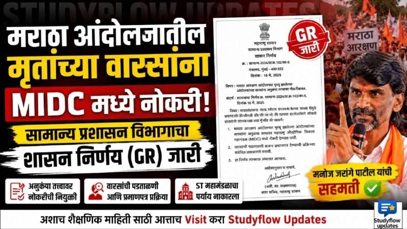 Maratha Reservation Andolan 2026 : मराठा आंदोलनातील मृतांच्या वारसांना आता MIDC मध्ये नोकरी; सामान्य प्रशासन विभागाचा शासन निर्णय (GR) जारी
