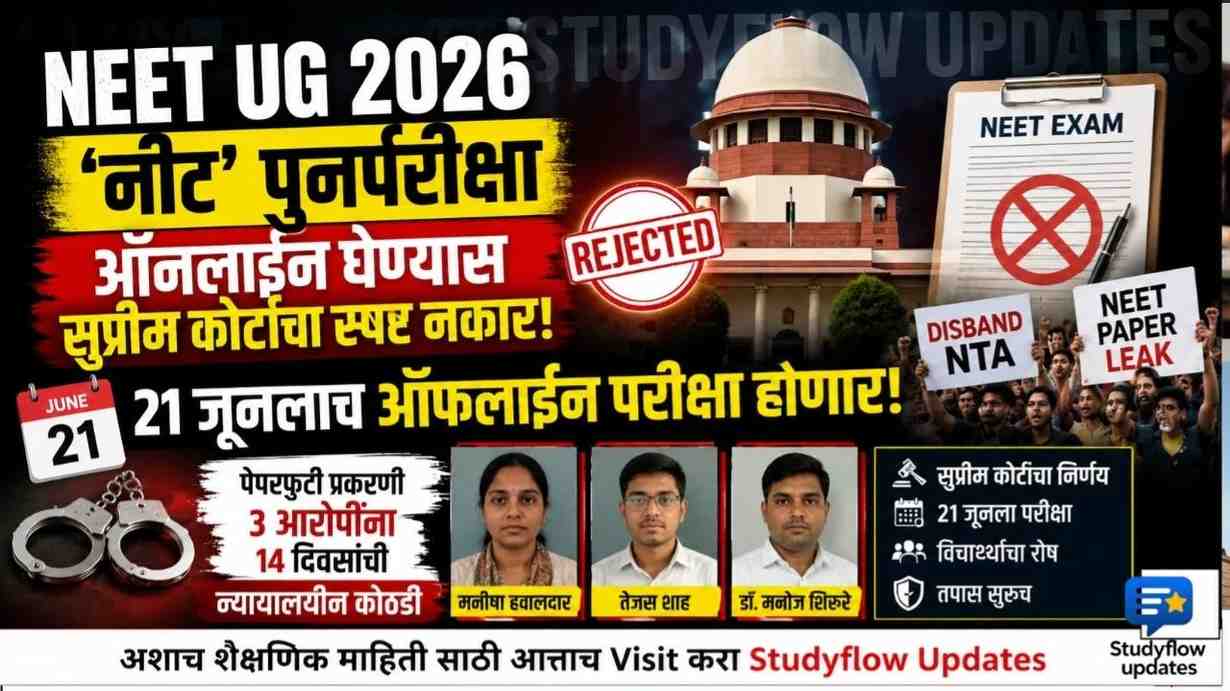 NEET UG 2026 Re-exam : 'नीट' पुनर्परीक्षा ऑनलाइन घेण्यास सुप्रीम कोर्टाचा नकार; 21 जूनलाच होणार परीक्षा!
