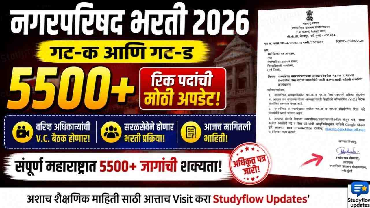 Nagar Parishad Bharti Vacancy Update 2026 : नगरपरिषद प्रशासन संचालनालयाचा मोठा निर्णय: 5500+ गट-क आणि गट-ड पदांच्या भरतीसाठी प्रशासकीय हालचालींना वेग!