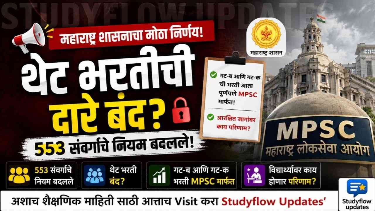 MPSC Thet Bharti Update 2026 : महाराष्ट्र शासनाचा मोठा निर्णय: थेट भरतीची दारे बंद? 553 संवर्गांचे नियम बदलले!