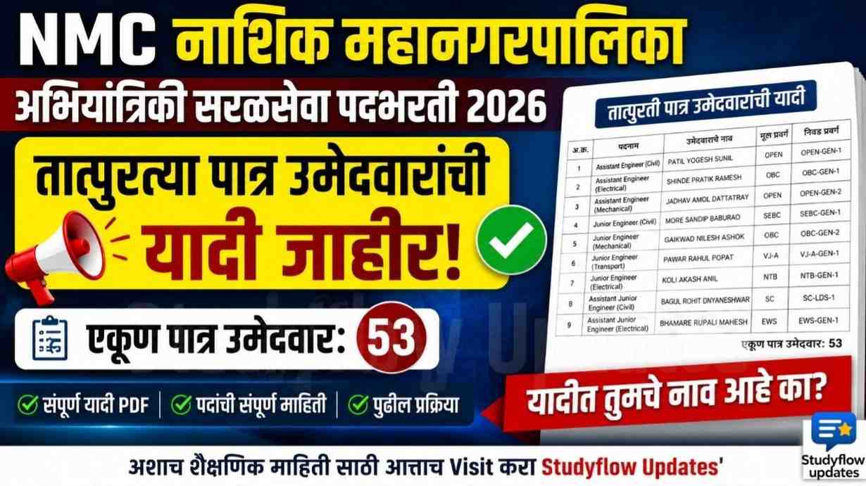 NMC Nashik Engineering Recruitment 2026 : 🚨 NMC नाशिक अभियांत्रिकी सरळसेवा पदभरती: तात्पुरत्या पात्र उमेदवारांची यादी जाहीर! 🚨