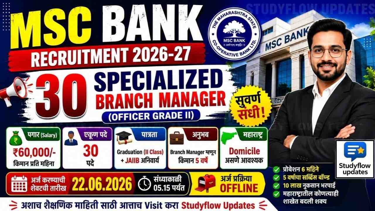 MSC Bank Recruitment 2026-27 : महाराष्ट्र राज्य सहकारी बँक मर्यादित (MSC Bank) मध्ये 'Specialized Branch Manager' या पदासाठी अधिकृत जाहिरात प्रसिद्ध झाली आहे.