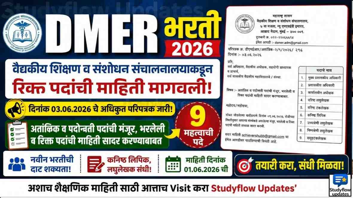 DMER Recruitment Update 2026 : DMER भरती अपडेट 2026: वैद्यकीय शिक्षण व संशोधन संचालनालयाकडून रिक्त पदांची माहिती मागवली!