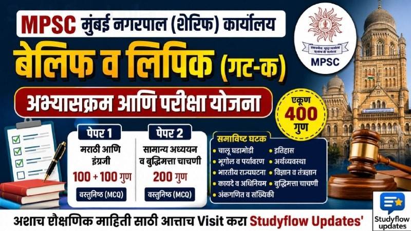 MPSC Bailiff and Clerk Syllabus 2026 : MPSC मुंबई नगरपाल कार्यालय 'बेलिफ व लिपिक (गट-क)' परीक्षा अभ्यासक्रम आणि निवड प्रक्रिया