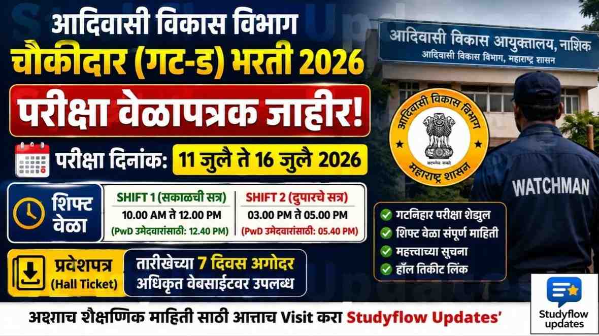 TDD Watchman Bharti 2026 : आदिवासी विकास विभाग चौकीदार (गट-ड) भरती परीक्षा वेळापत्रक जाहीर; येथे पहा गटनिहाय तारीख आणि वेळेची संपूर्ण माहिती!