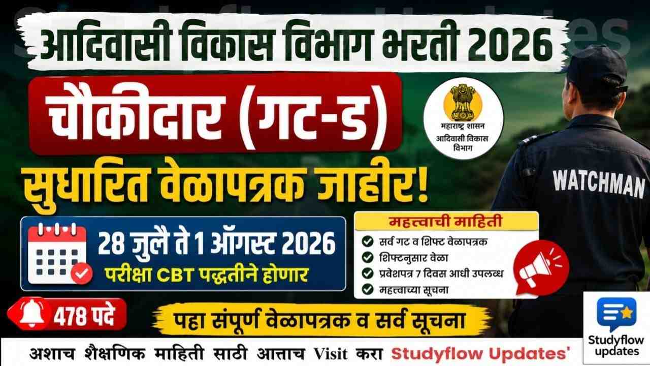 TDC Wachman Updated Exam 2026 : आदिवासी विकास विभाग भरती 2026: चौकीदार (गट-ड) पदाचे ‘सुधारित वेळापत्रक’ जाहीर; येथे पहा सर्व शिफ्ट्स आणि महत्त्वाच्या सूचना