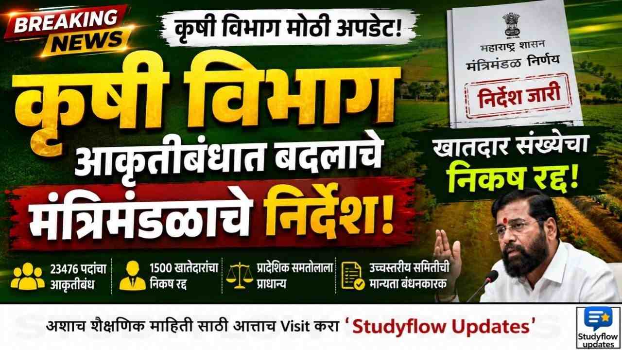 Krushi Vibhag Aakrutibandh Update 2026 : महाराष्ट्र कृषी विभाग आकृतीबंध: आकृतीबंधात बदल करण्याचे मंत्रिमंडळाचे निर्देश; खातेदार संख्येवर पदनिर्मितीचे निकष अखेर मागे!