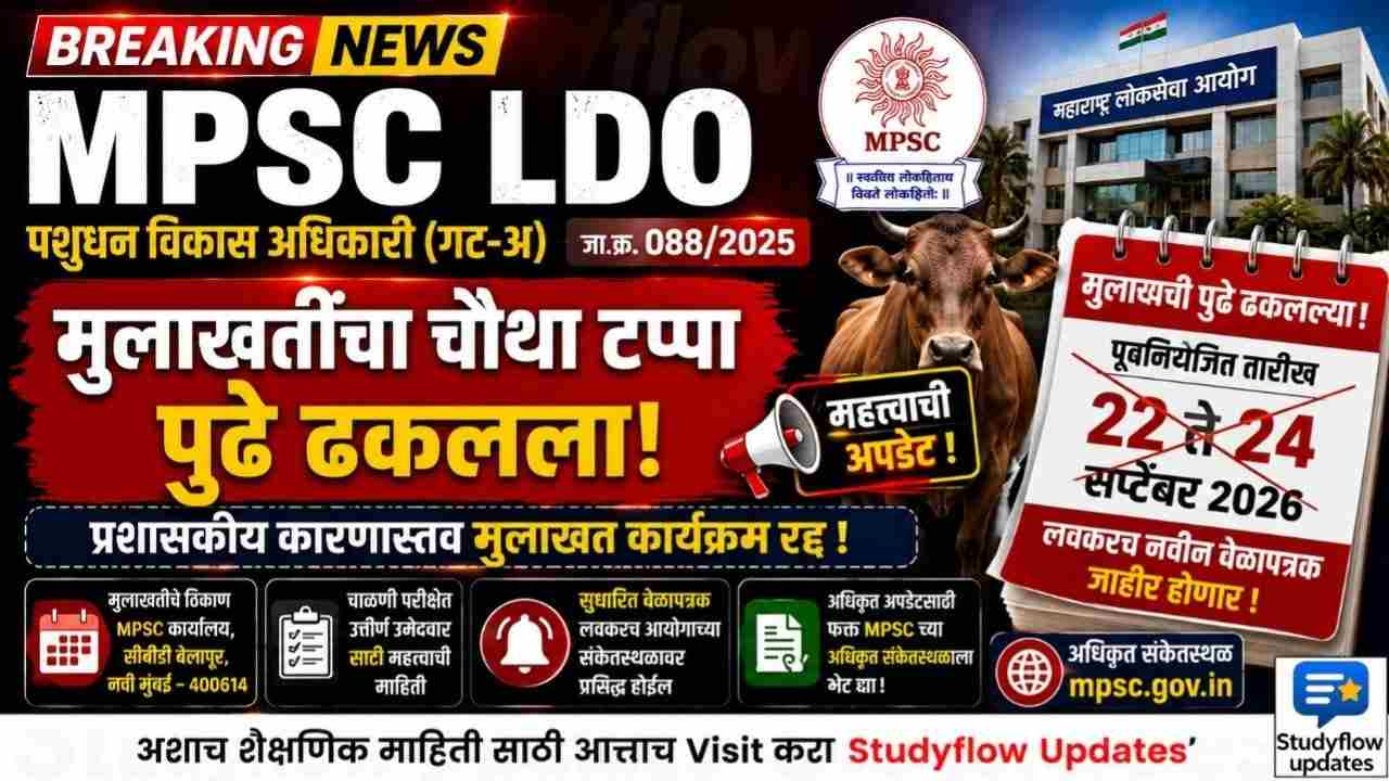 MPSC LDO Interview Schedule 2026 : MPSC पशुधन विकास अधिकारी (गट-अ) पदाच्या चौथ्या टप्प्यातील मुलाखतीचे वेळापत्रक जाहीर; जाणून घ्या संपूर्ण तपशील