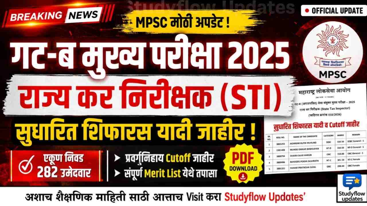 MPSC STI Revised List 2025 : MPSC गट-ब (अराजपत्रित) मुख्य परीक्षा 2025: राज्य कर निरीक्षक (STI) सुधारित शिफारस यादी व कट-ऑफ जाहीर!