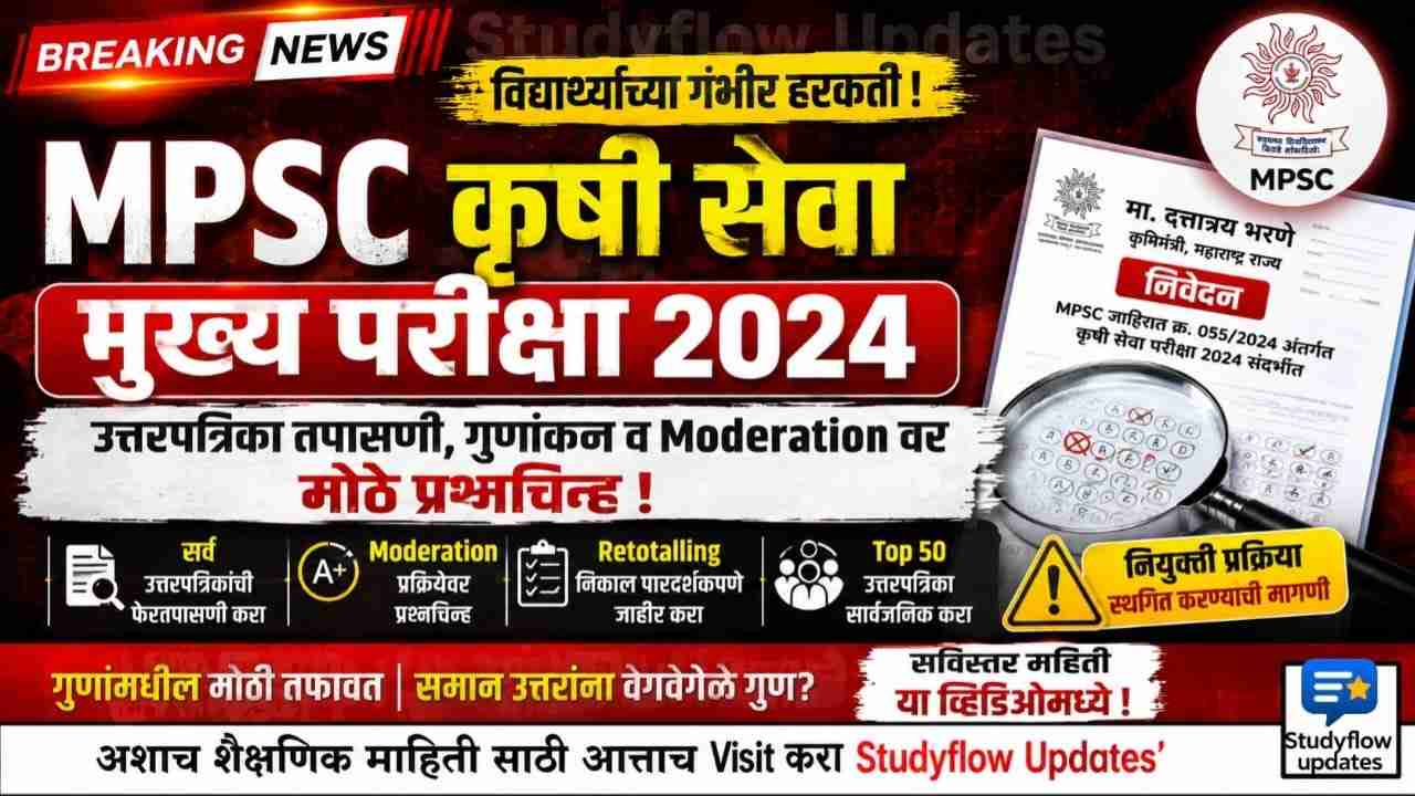 MPSC Krushi Seva Main Exam 2024 : MPSC कृषी सेवा मुख्य परीक्षा 2024 : उत्तरपत्रिका तपासणी, Moderation आणि गुणांकनाबाबत विद्यार्थ्यांच्या गंभीर हरकती; फेरतपासणी व नियुक्ती प्रक्रिया स्थगित करण्याची मागणी