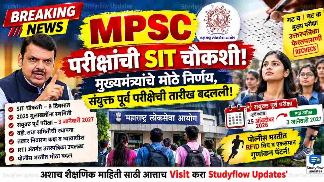 MPSC Exam Postponed Update 2026 : MPSC मधील गोंधळावर मुख्यमंत्र्यांचा मोठा निर्णय: परीक्षांची SIT चौकशी होणार; 2025 मुलाखतींना स्थगिती आणि संयुक्त पूर्व परीक्षेची तारीख बदलली!