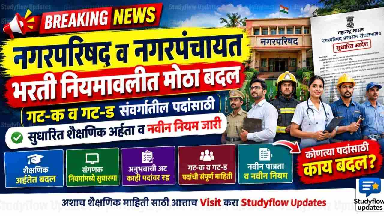 Nagar Parishad Bharti Rules Update 2026 : महाराष्ट्र नगरपरिषद व नगरपंचायत भरती नियमावलीत मोठा बदल: गट-क व गट-ड संवर्गातील पदांसाठी सुधारित शैक्षणिक अर्हता आणि नवीन नियम जारी