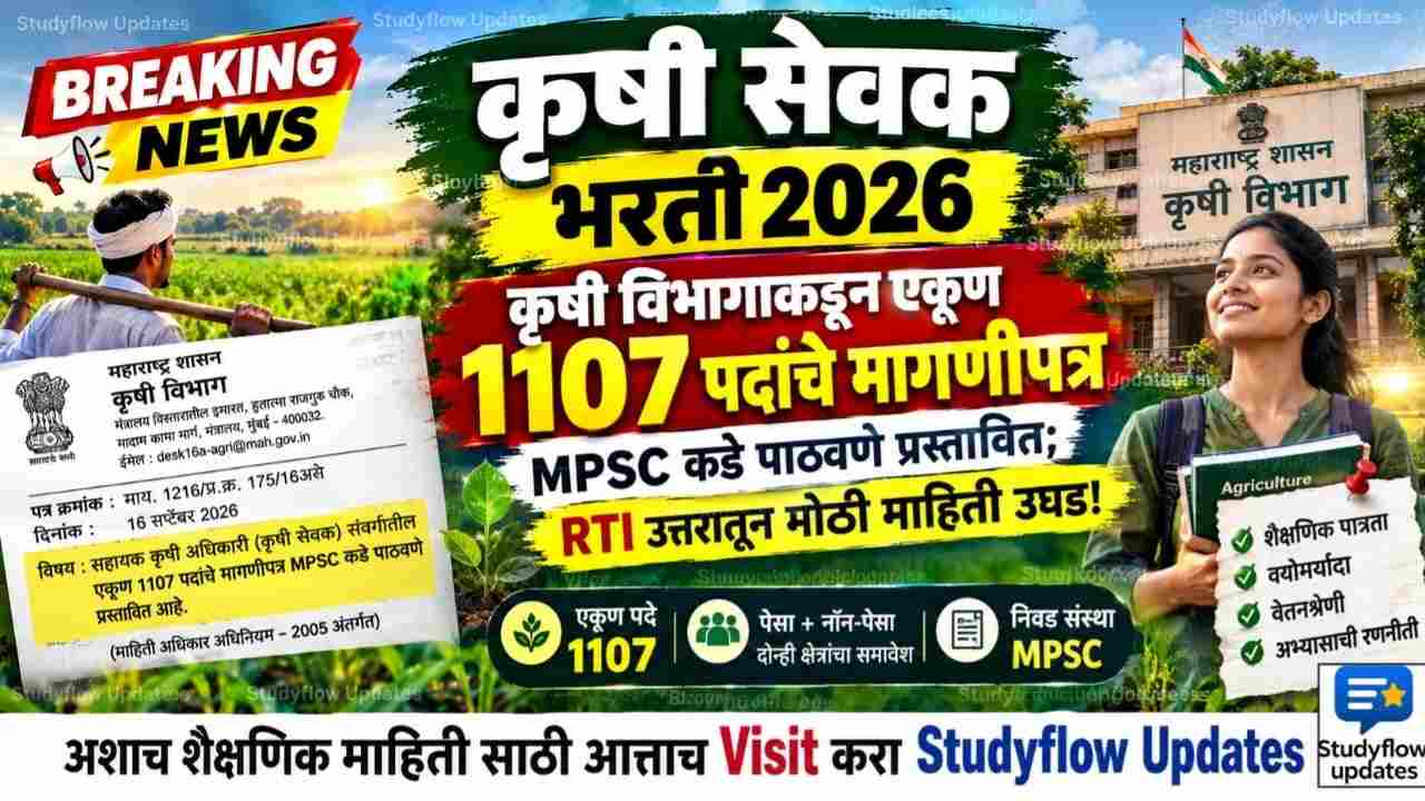 Krushi Sevak Bharti 2026 : कृषी सेवक भरती 2026: कृषी विभागाकडून एकूण 1107 पदांचे मागणीपत्र MPSC कडे पाठवणे प्रस्तावित; RTI उत्तरातून मोठी माहिती उघड!