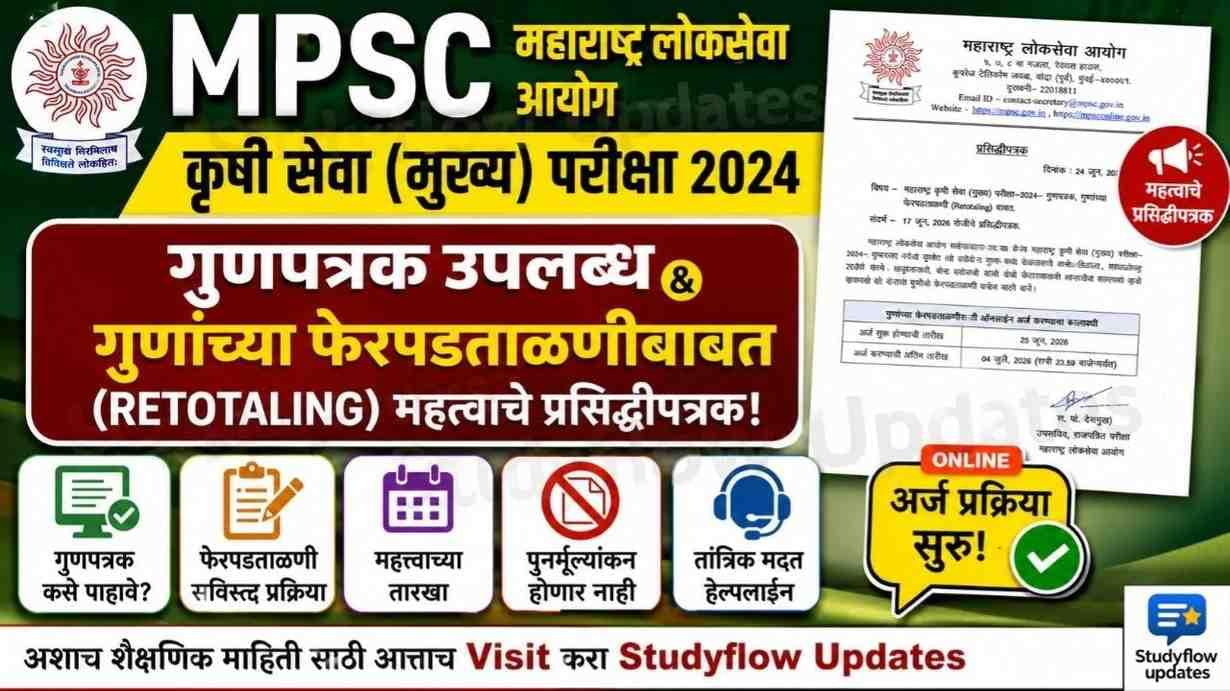 Agri Services Exam 2024 Marksheet & Retotaling Notice : MPSC Maharashtra Agriculture Services Main Exam 2024 Marksheet & Retotaling Notice