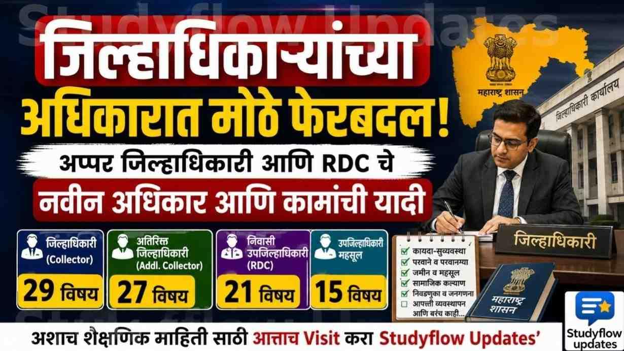 Collector Rights Changes 2026 : जिल्हाधिकाऱ्यांच्या अधिकारात मोठे फेरबदल: अप्पर जिल्हाधिकारी आणि RDC च्या जबाबदाऱ्यांचे 'नवे' वाटप जाहीर!