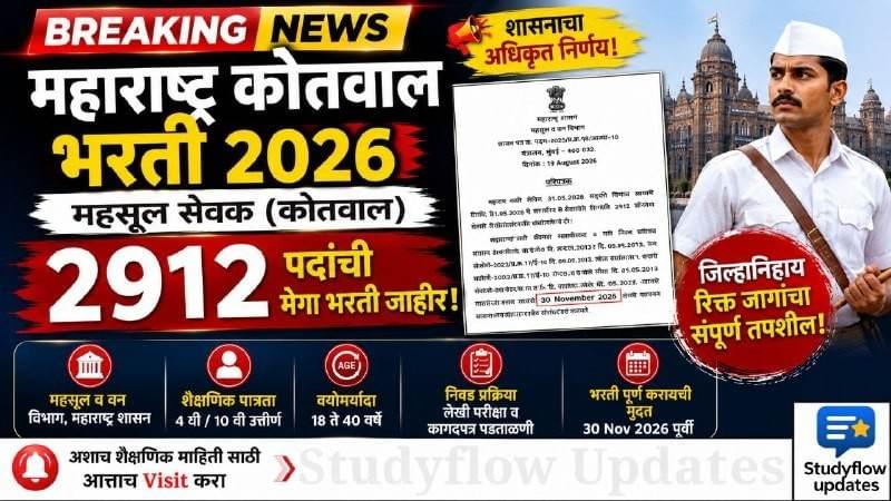 Maharashtra Mahsul Sevak Bharti 2026 : महाराष्ट्र महसूल विभागात मोठी भरती: महसूल सेवकांच्या 2,992 पदांची भरती; 30 नोव्हेंबरपूर्वी प्रक्रिया पूर्ण करण्याचे शासनाचे थेट निर्देश!