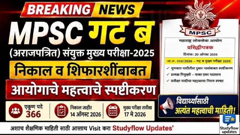 MPSC Group B Recommendation Notice : MPSC गट ब (अराजपत्रित) संयुक्त मुख्य परीक्षा 2025: निकालातील गुणवत्ता यादी व शिफारशींबाबत आयोगाचे महत्त्वाचे स्पष्टीकरण